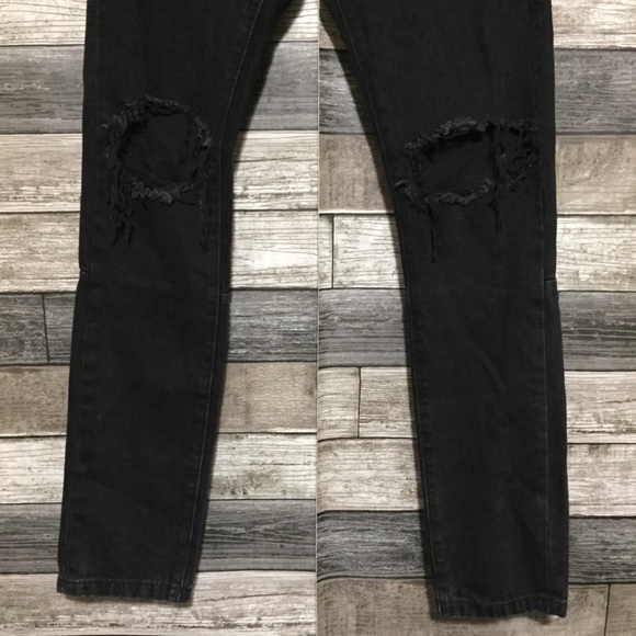 MNML Slim Skinny Jeans Men’s 29x30 Black Button Fly Distressed Ripped Knees - Picture 6 of 9